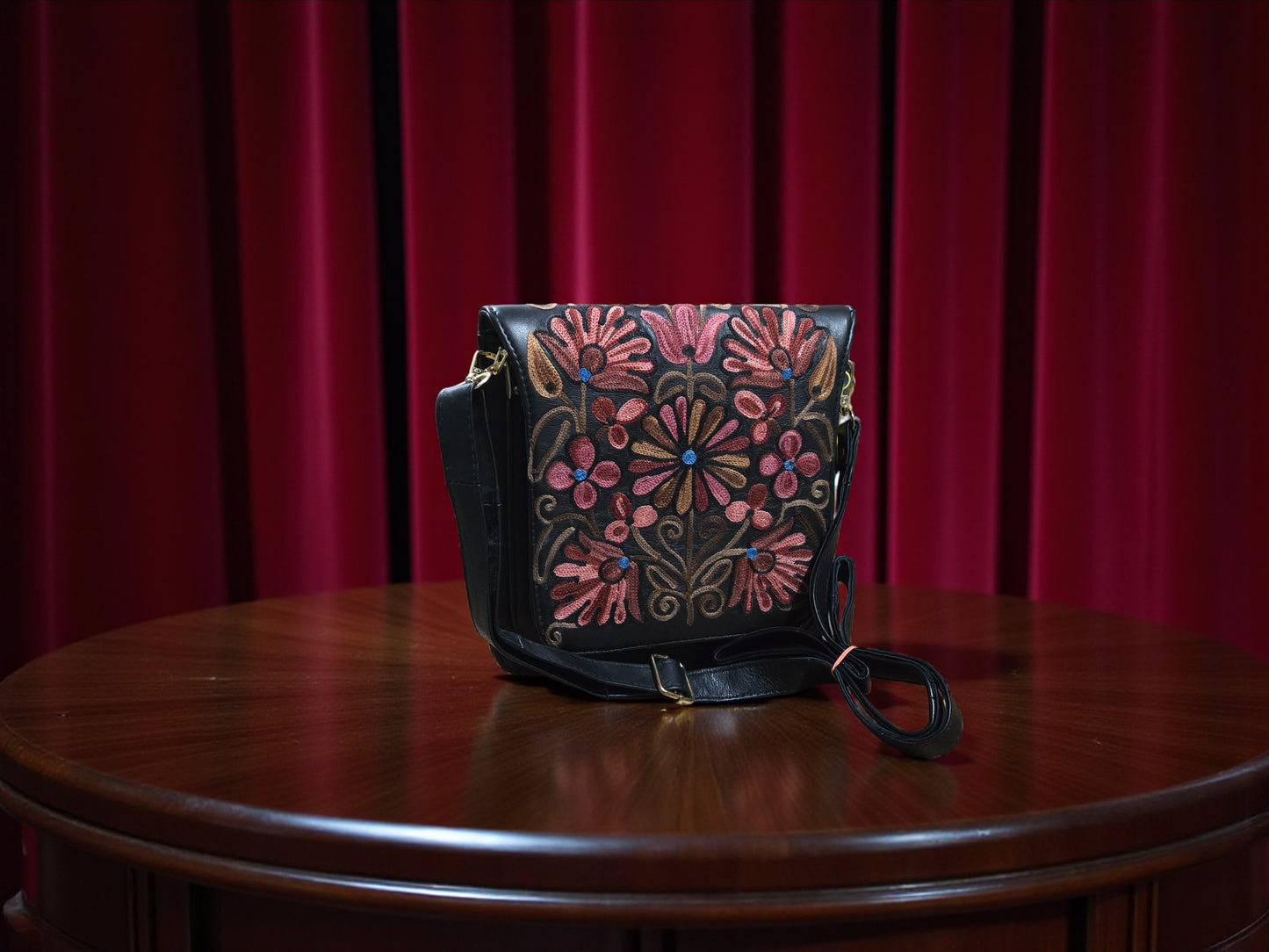 Women Leather Sling Bag With Strap With Gorgeous Kashmiri Embroidery - Black