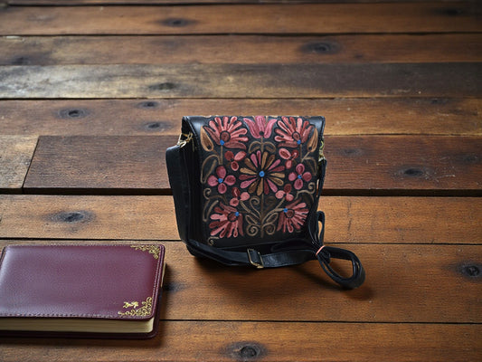 Women Leather Sling Bag With Strap With Gorgeous Kashmiri Embroidery - Black