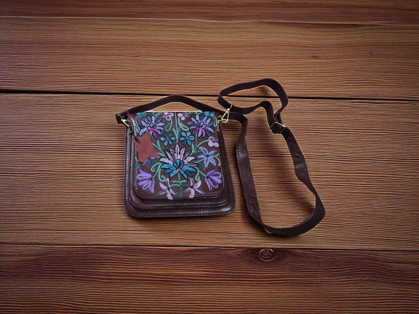 Women Leather Sling Bag With Strap With Gorgeous Kashmiri Embroidery - Brown