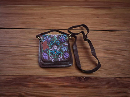 Women Leather Sling Bag With Strap With Gorgeous Kashmiri Embroidery - Brown