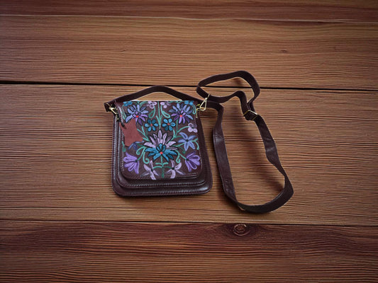 Women Leather Sling Bag With Strap With Gorgeous Kashmiri Embroidery - Brown