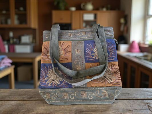 Women suede leather tote strap bag with kashmiri embroidery - Blue