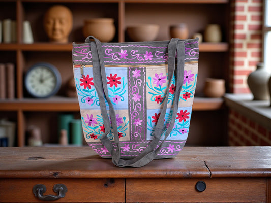 Women suede leather tote strap bag with kashmiri embroidery - Purple