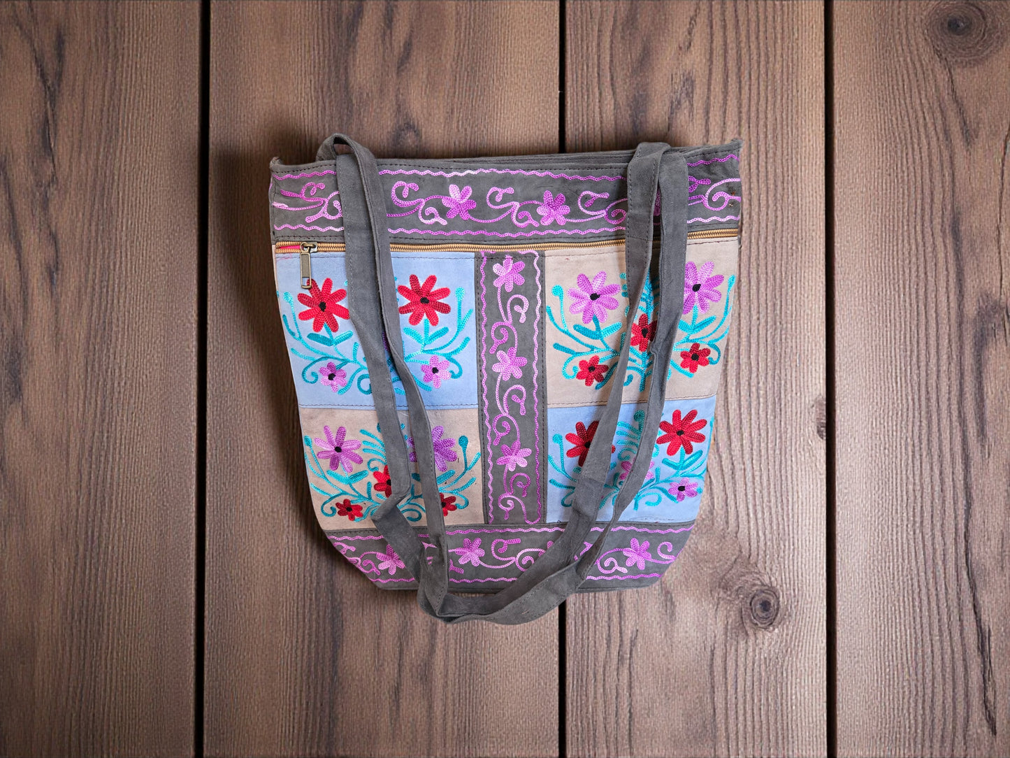 Women suede leather tote strap bag with kashmiri embroidery - Purple