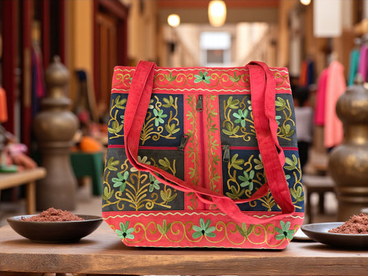 Women suede leather tote strap bag with kashmiri embroidery - Red