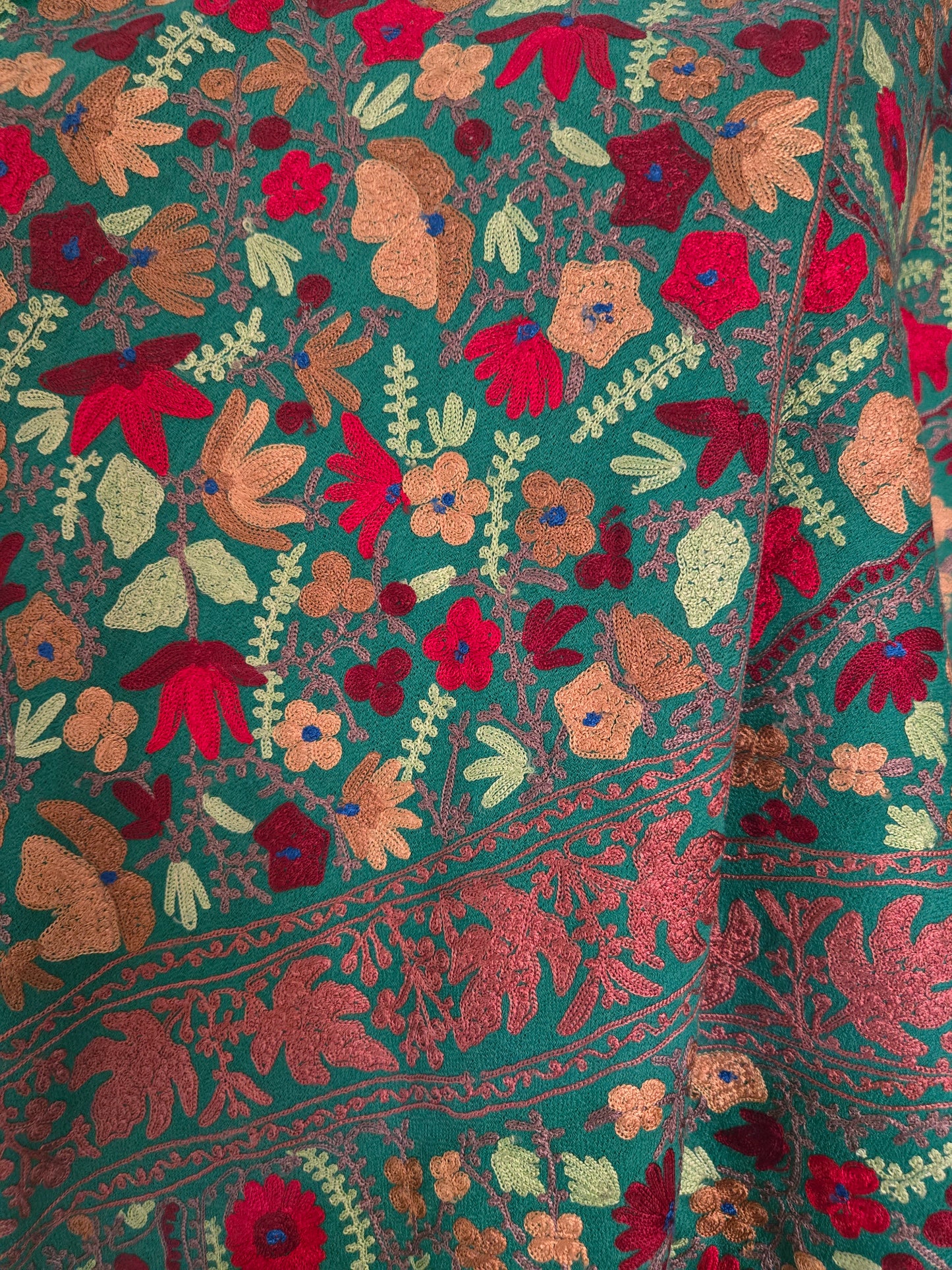 Kashmiri Woolen Stole with Aari Embroidery | Elegant Winter Wrap | Traditional Ethnic Wear for Women - Green
