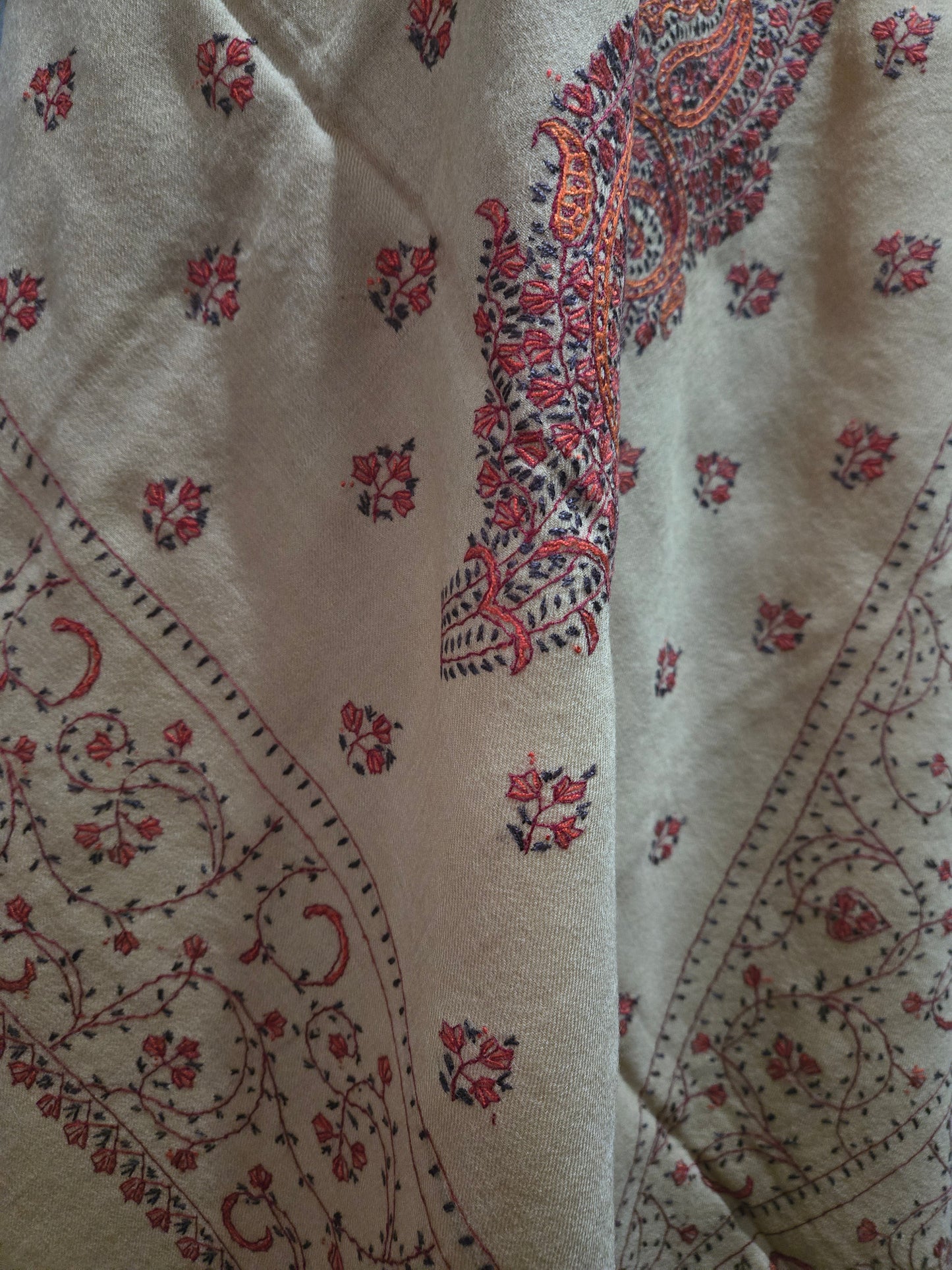 Kashmiri Woolen shawl with Embroidery | Elegant Winter Wrap | Traditional Ethnic Wear for Women - Camel Beige