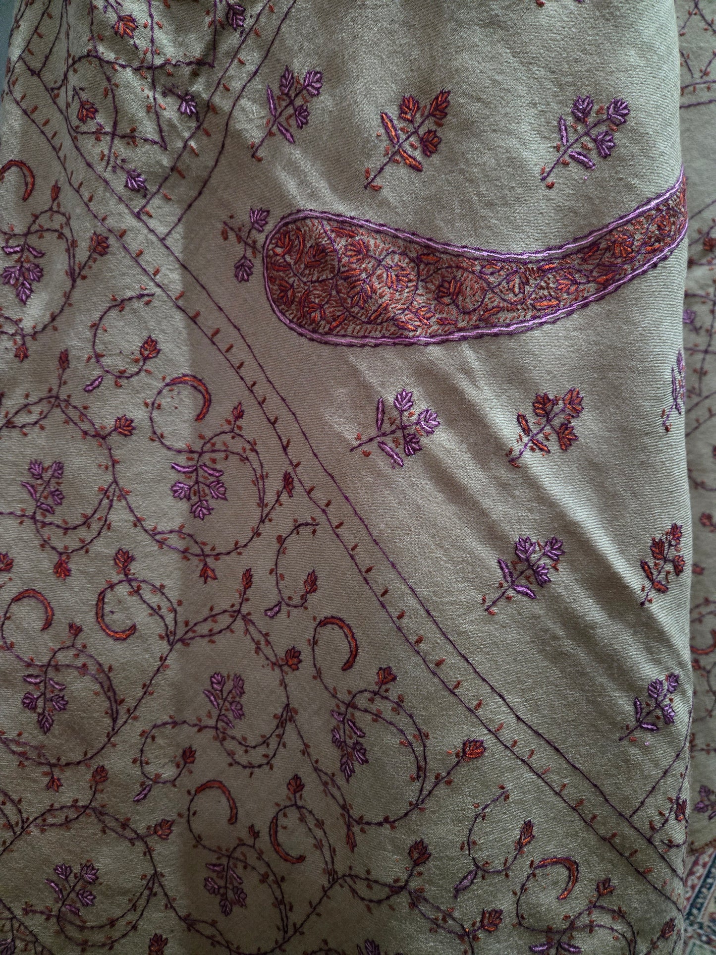 Kashmiri Woolen shawl with Embroidery | Elegant Winter Wrap | Traditional Ethnic Wear for Women - Khaki Beige