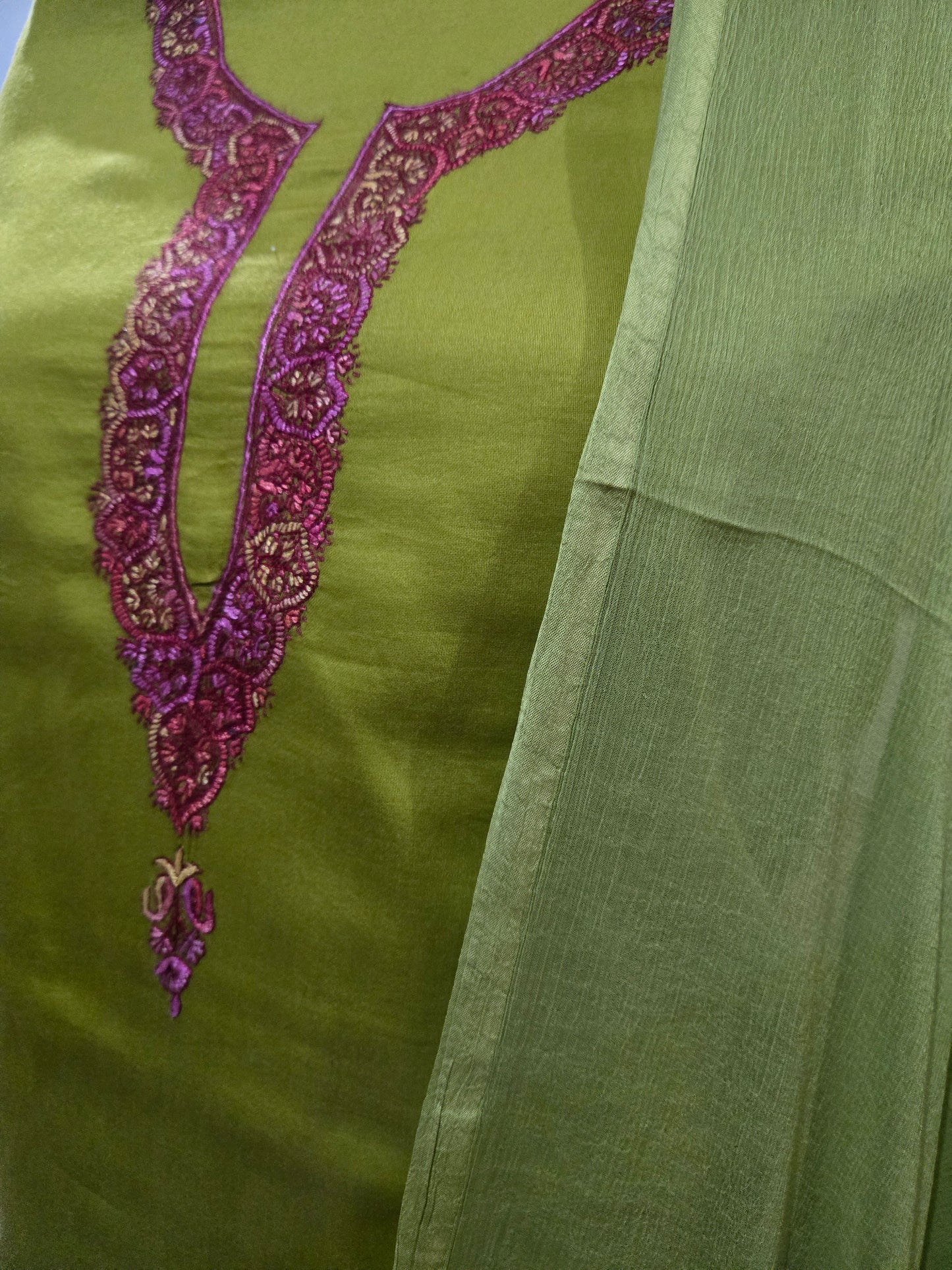 Women Silk Suits with Kashmiri Hand Embroidery - Three Piece Suit- Green