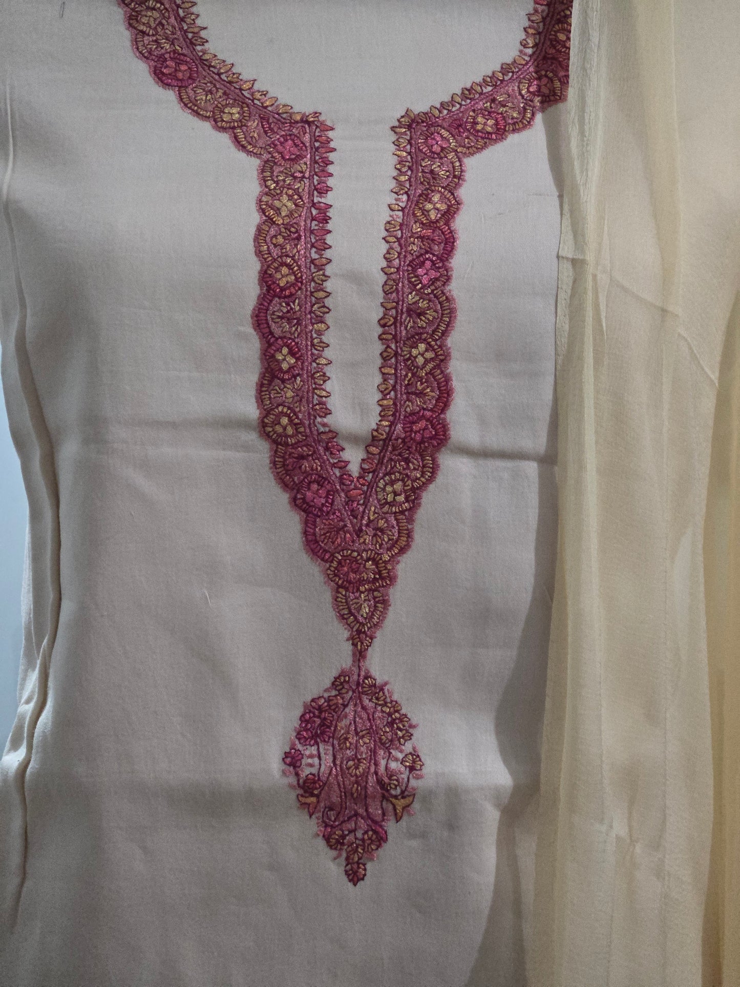 Women Silk Suits with Kashmiri Hand Embroidery - Three Piece Suit- OffWhite