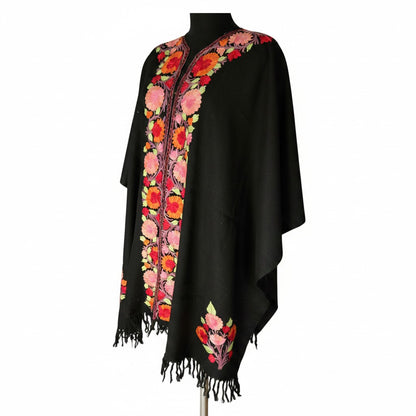Kashmiri Ponchu for Women, Woolen Shrugs - Black