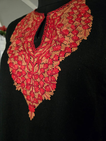 Kashmiri Woolen Pheran with Traditional Aari Embroidery | Hand Made (Black5, 6XL)