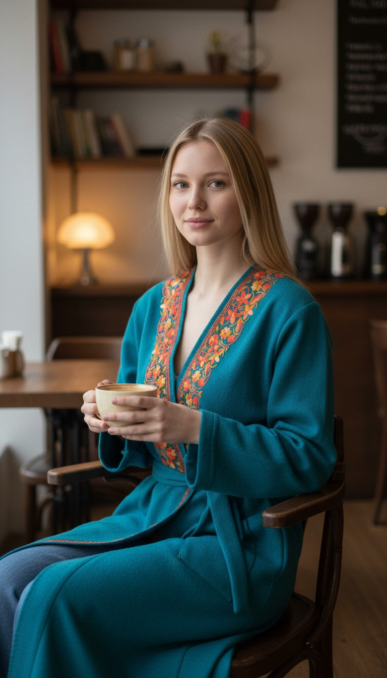 Women Woolen Nightgown Dressing Gown Maxi with Kashmiri Embroidery Free Size (Pure Wool, Turquoise)