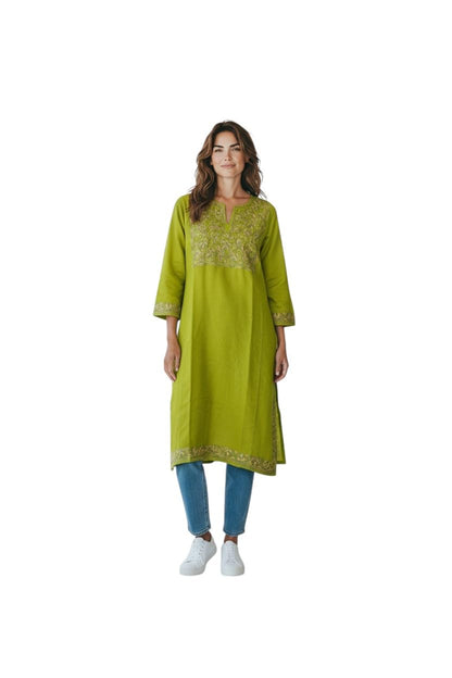 Kashmiri Woolen Pheran with Traditional Aari Embroidery - Green