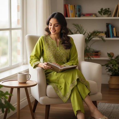 Kashmiri Woolen Pheran with Traditional Aari Embroidery - Green