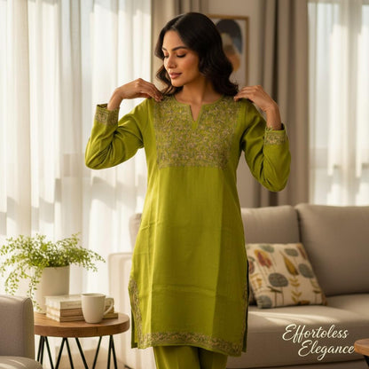 Kashmiri Woolen Pheran with Traditional Aari Embroidery - Green