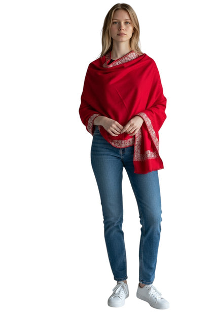 Kashmiri Woolen shawl with Embroidery | Elegant Winter Wrap | Traditional Ethnic Wear for Women - Red