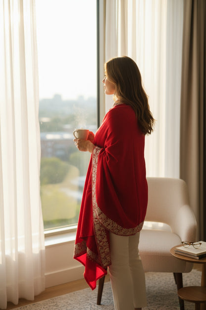Kashmiri Woolen shawl with Embroidery | Elegant Winter Wrap | Traditional Ethnic Wear for Women - Red