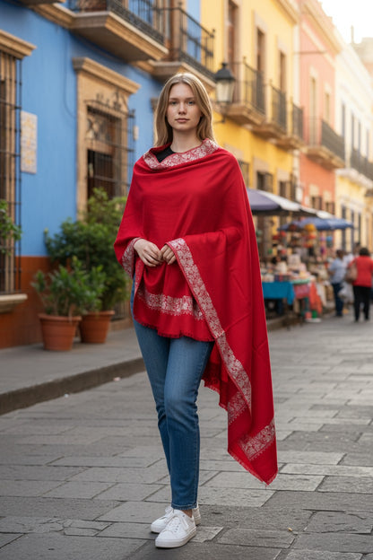 Kashmiri Woolen shawl with Embroidery | Elegant Winter Wrap | Traditional Ethnic Wear for Women - Red
