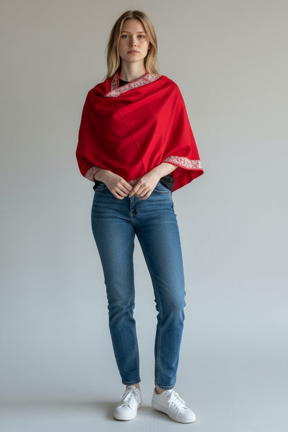 Kashmiri Woolen shawl with Embroidery | Elegant Winter Wrap | Traditional Ethnic Wear for Women - Red