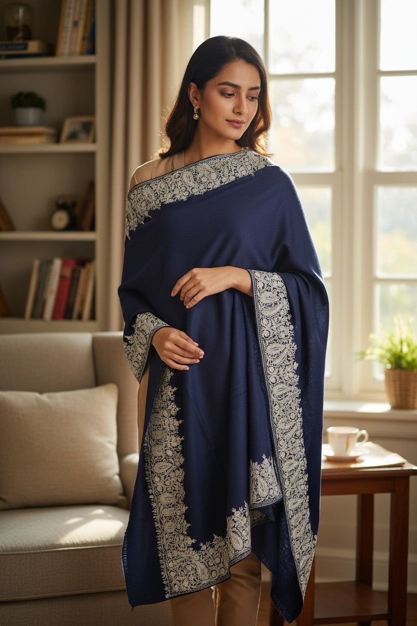 Kashmiri Woolen shawl with Embroidery | Elegant Winter Wrap | Traditional Ethnic Wear for Women - Blue