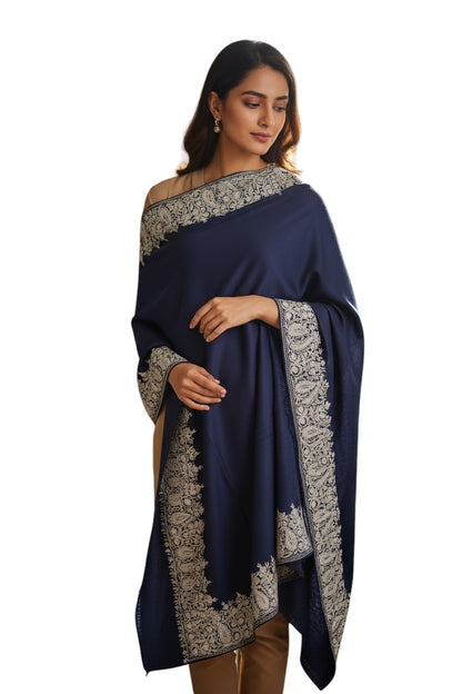 Kashmiri Woolen shawl with Embroidery | Elegant Winter Wrap | Traditional Ethnic Wear for Women - Blue
