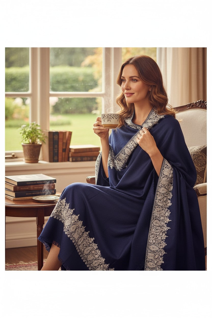 Kashmiri Woolen shawl with Embroidery | Elegant Winter Wrap | Traditional Ethnic Wear for Women - Blue