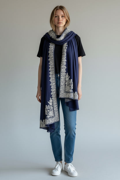 Kashmiri Woolen shawl with Embroidery | Elegant Winter Wrap | Traditional Ethnic Wear for Women - Blue