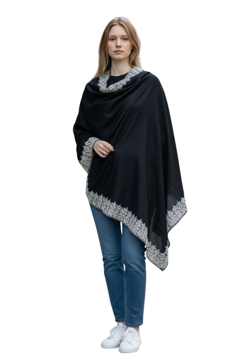 Kashmiri Woolen shawl with Embroidery | Elegant Winter Wrap | Traditional Ethnic Wear for Women - Black