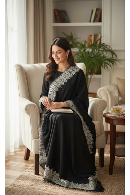 Kashmiri Woolen shawl with Embroidery | Elegant Winter Wrap | Traditional Ethnic Wear for Women - Black
