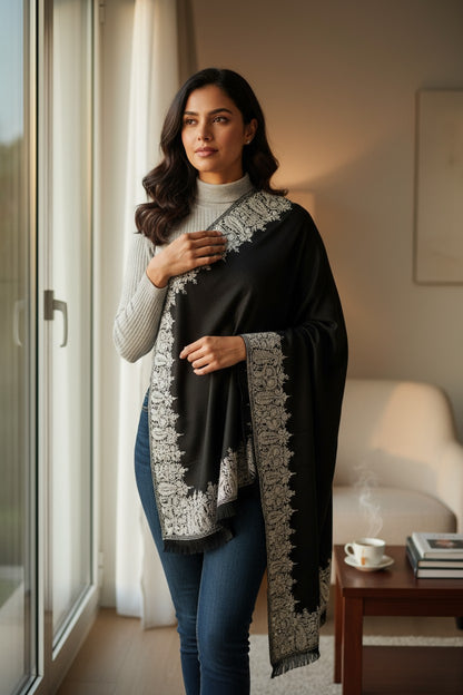 Kashmiri Woolen shawl with Embroidery | Elegant Winter Wrap | Traditional Ethnic Wear for Women - Black