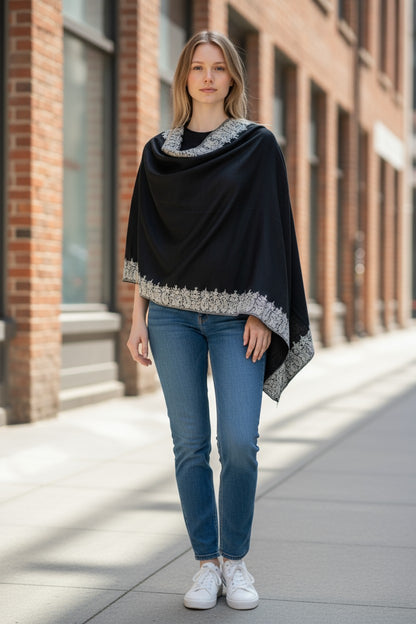 Kashmiri Woolen shawl with Embroidery | Elegant Winter Wrap | Traditional Ethnic Wear for Women - Black