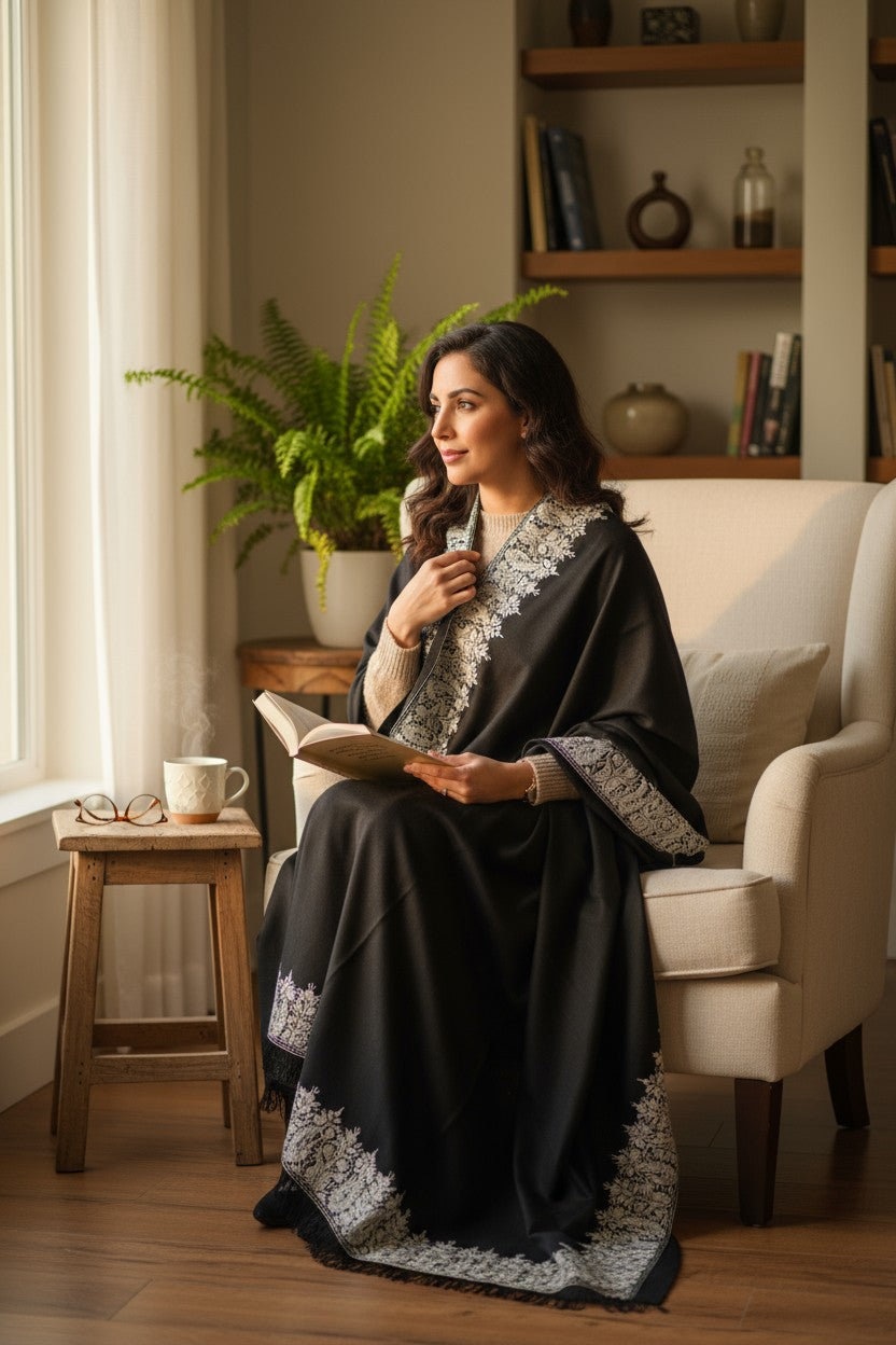 Kashmiri Woolen shawl with Embroidery | Elegant Winter Wrap | Traditional Ethnic Wear for Women - Black