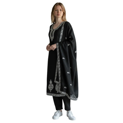 Women Woolen Kashmiri Suits Semi Pashmina Aari Embroidery  - Black