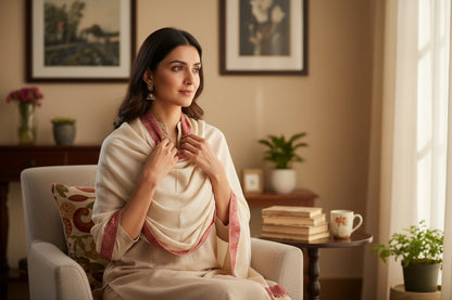 Kashmiri Woolen shawl with Embroidery | Elegant Winter Wrap | Traditional Ethnic Wear for Women - OffWhite