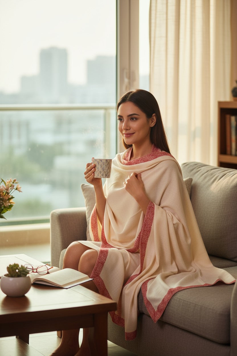 Kashmiri Woolen shawl with Embroidery | Elegant Winter Wrap | Traditional Ethnic Wear for Women - OffWhite