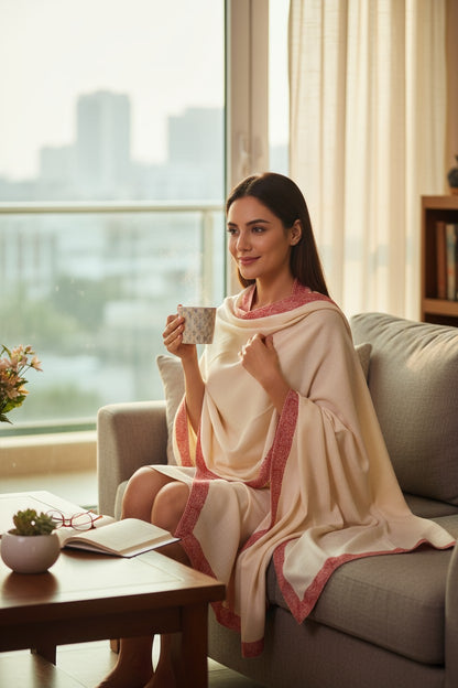Kashmiri Woolen shawl with Embroidery | Elegant Winter Wrap | Traditional Ethnic Wear for Women - OffWhite