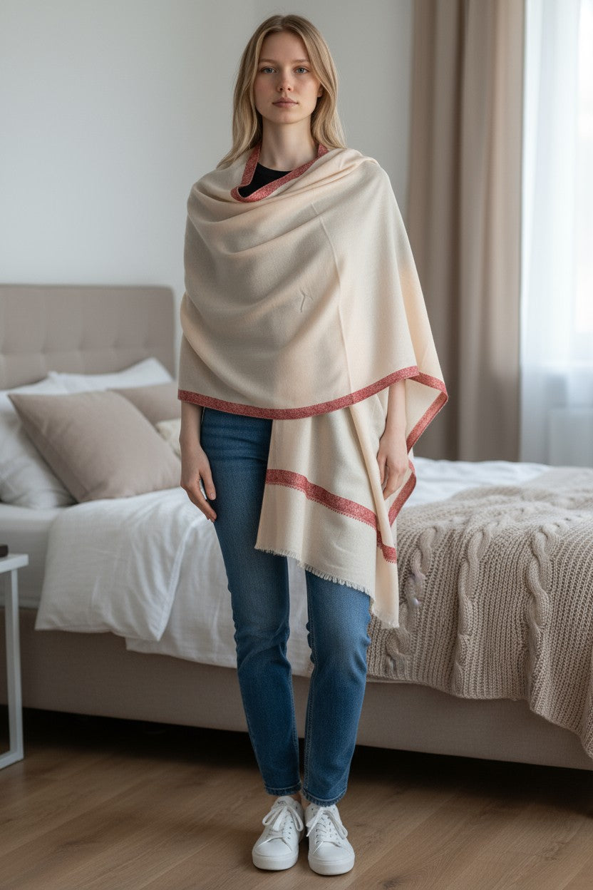 Kashmiri Woolen shawl with Embroidery | Elegant Winter Wrap | Traditional Ethnic Wear for Women - OffWhite