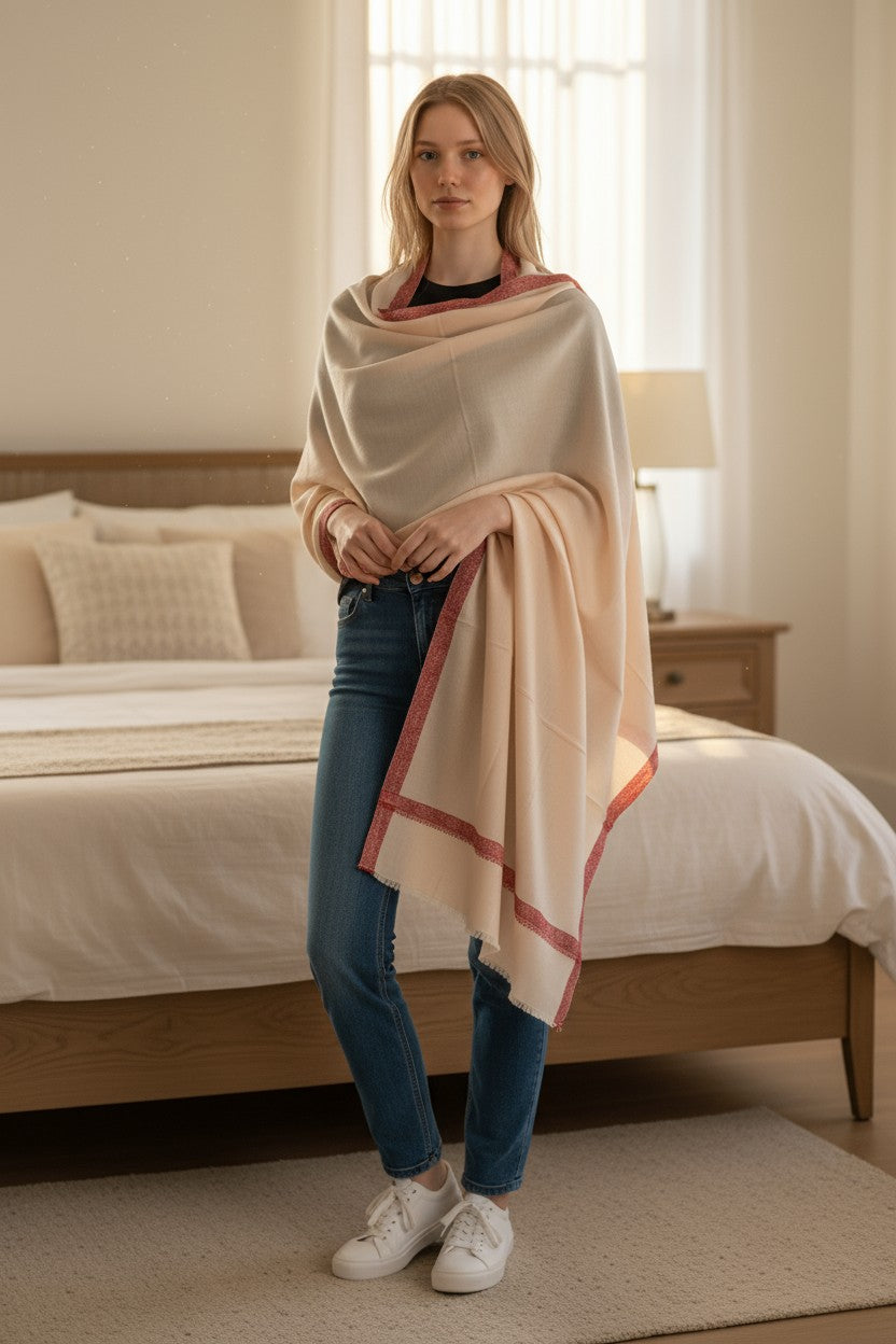 Kashmiri Woolen shawl with Embroidery | Elegant Winter Wrap | Traditional Ethnic Wear for Women - OffWhite