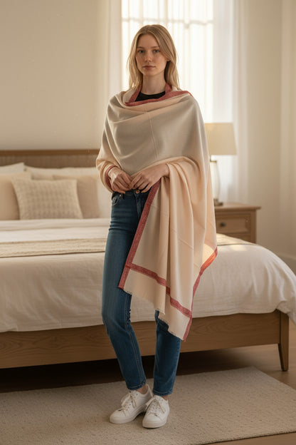 Kashmiri Woolen shawl with Embroidery | Elegant Winter Wrap | Traditional Ethnic Wear for Women - OffWhite