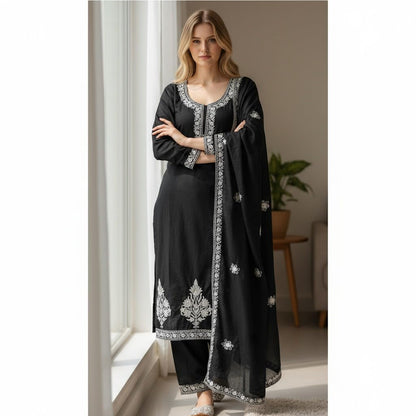Women Woolen Kashmiri Suits Semi Pashmina Aari Embroidery  - Black