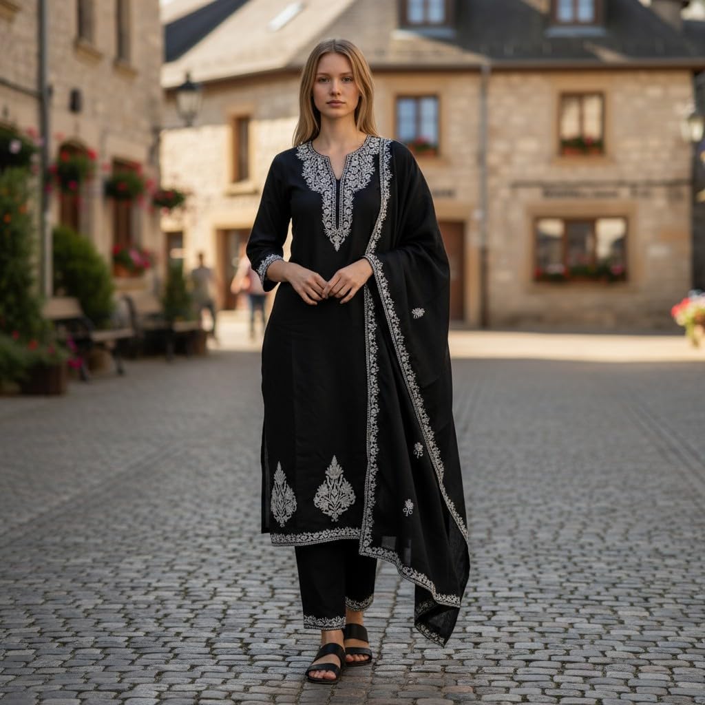 Women Woolen Kashmiri Suits Semi Pashmina Aari Embroidery  - Black