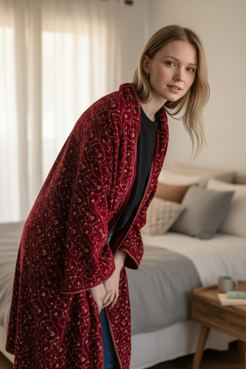 Kashmiri Woolen shawl with Embroidery | Elegant Winter Wrap | Traditional Ethnic Wear for Women - Maroon