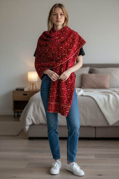 Kashmiri Woolen shawl with Embroidery | Elegant Winter Wrap | Traditional Ethnic Wear for Women - Maroon