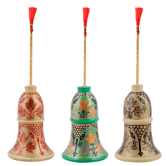 Paper Mache Multi Color Set of 3 Hand Made Kashmiri Floral Embroidery 3 inch Tall Wooden Bells (Copy)
