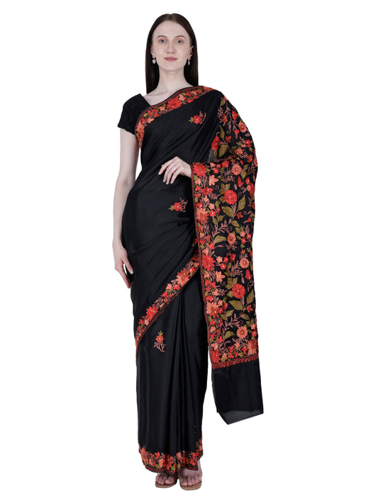 Women's Silk Sarees Embroidered with Kashmiri Aari work | Stylish Saree with Unstitched Blouse Pieces. Black