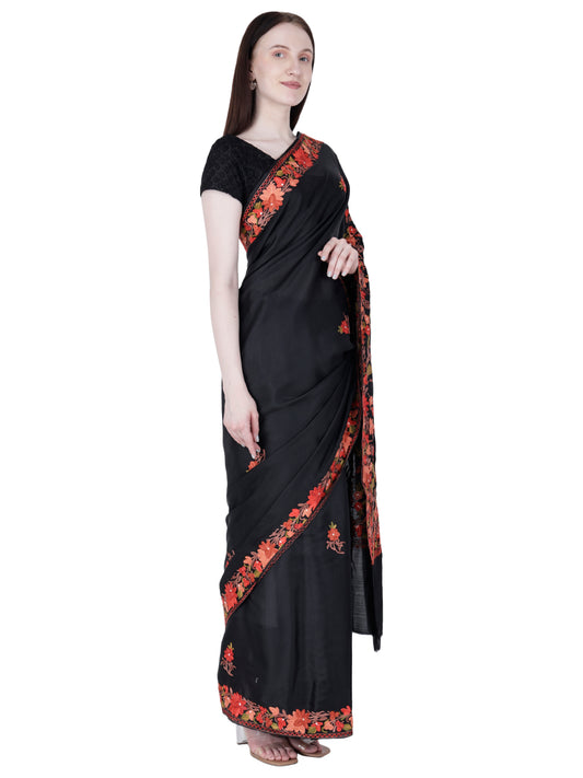 Women's Silk Sarees Embroidered with Kashmiri Aari work | Stylish Saree with Unstitched Blouse Pieces. Black