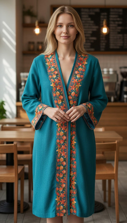 Women Woolen Nightgown Dressing Gown Maxi with Kashmiri Embroidery Free Size (Pure Wool, Turquoise)