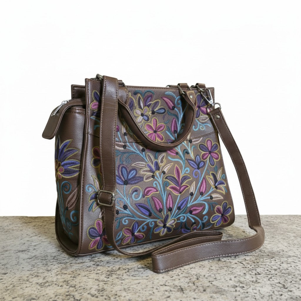Women Leather Bag With Strap With Gorgeous Kashmiri Embroidery - Dark Grey