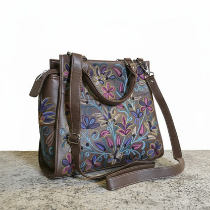 Women Leather Bag With Strap With Gorgeous Kashmiri Embroidery - Dark Grey
